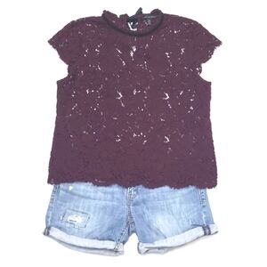 WHBM Floral Lacey Blouse Round Neck Sheer Flower Top Key Hole Short Sleeves